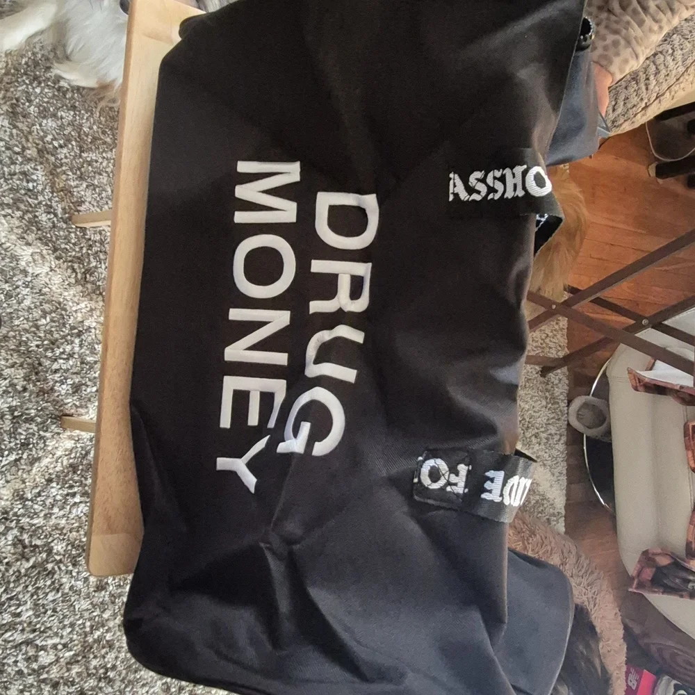 Black Garment Bag Tote with Bold Text